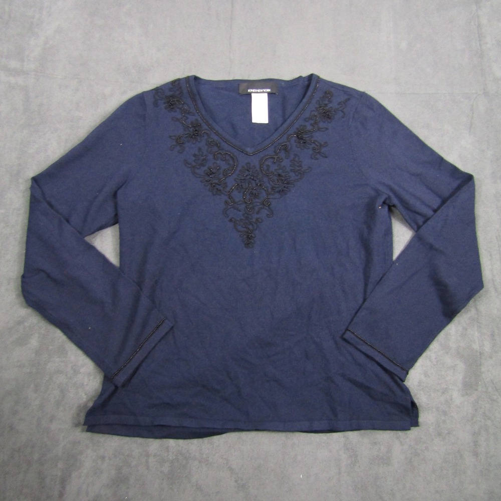 Jones New York Sweater Women Medium Navy Blue Beaded Embroidered V-Neck Top